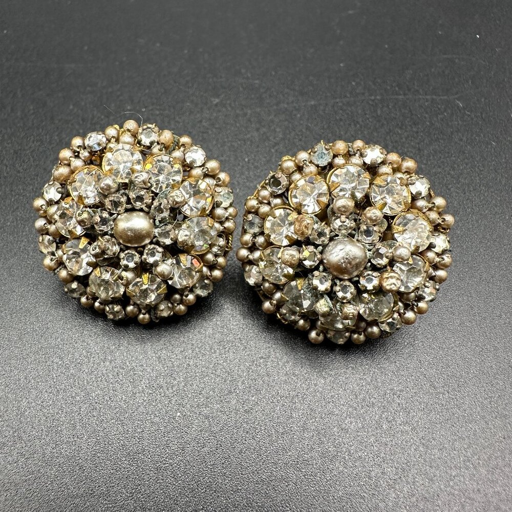 VINTAGE MIRIAM HASKELL GOLD PLATED FAUX PEARLS RHINESTONES CLIP ON EARRINGS